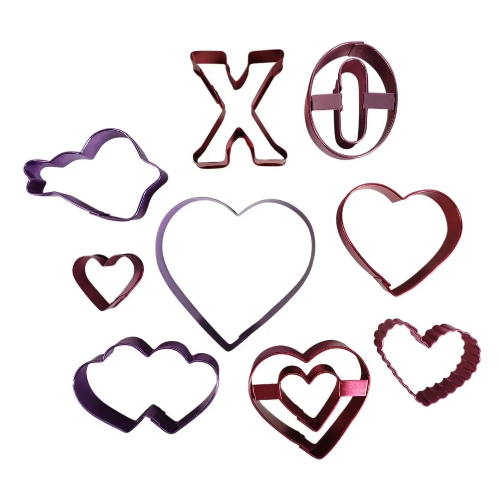Wilton Cookie Cutter Set Metal 9 PCS Valentine's Hearts XO Purple Pink Red